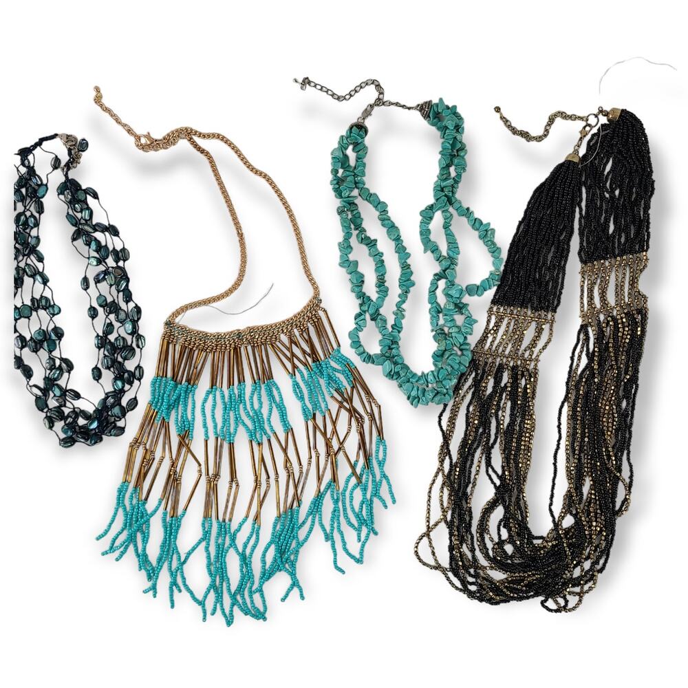 Lot 4 boho style multistrand necklaces glass beads shell turquoise
